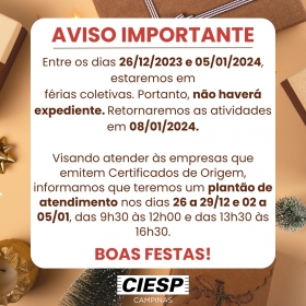 Comunicado: Aviso de Recesso de Final de Ano - CIESP Campinas