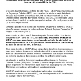 Comunicado: Deciso judicial para afastar a incluso dos crditos presumidos de ICMS da base de clculo do IRPJ e da CSLL (Circ. 146 - 17/10/25) 