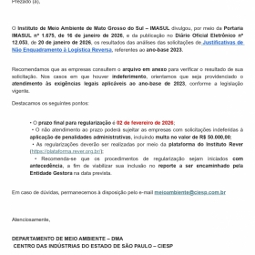 IMASUL (MS) divulga os Resultados das Justificativas de N�o Enquadramento a Log�stica Reversa relacionada ao ano-base 2023