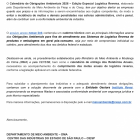 Calend�rio de Obriga��es Ambientais 2026 - Edi��o Especial Log�stica Reversa 